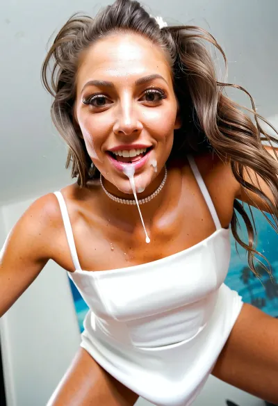 40 yaşındaki kadın seksi bir düğün elbise ve mini elbise giymişti, makyaj ve mükemmel yüzle. O, izleyicinin ağzını öpmek için sabırsızlanıyordu, gözleri kapalı ve onun yüzündeki kötü iğrenç