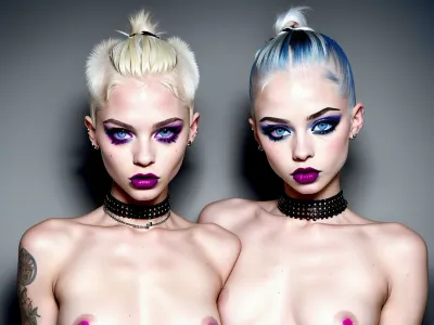 -- style raw, full figure naked 20 years old bad gangsta albino beautiful model twins girls licking, makeup, extremely aroused, piercings, ((no text)), epiCNegative, --stylize 5000, --no long hayrcut, <lora:epiCRealismHelper:.4>