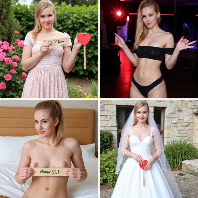 The young Swedish woman with blonde hair, petite frame, and playful demeanor stood in front of a rosegarden wearing a latex catsuit with text "Happy Slut" and a painted red heart. On the first picture on top left she
