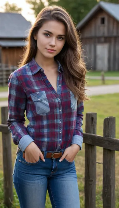 La jeune fille pose sur le fond d'une clôture en bois dans une chemise à carreaux, un jean et une paire de baskets. Elle pose pour la caméra de son petit ami
