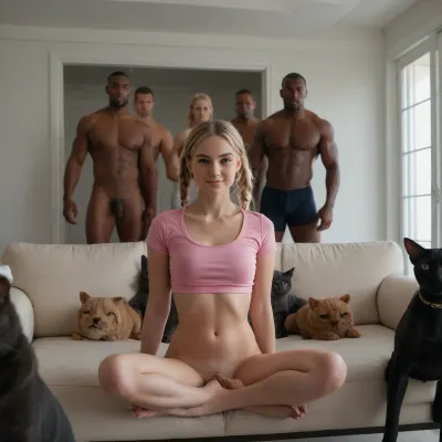 Köpek kafalarını giyen altı kaslı beyaz odada çıplak sarışın kız mavi bir yastıkla beyaz bir odada oturuyor. Çıplak göğüsleri gösteren iki mavi perdeye sahiptir. mavi bir perde ile dar bir pencere bir AI text jeneratörü gösterir