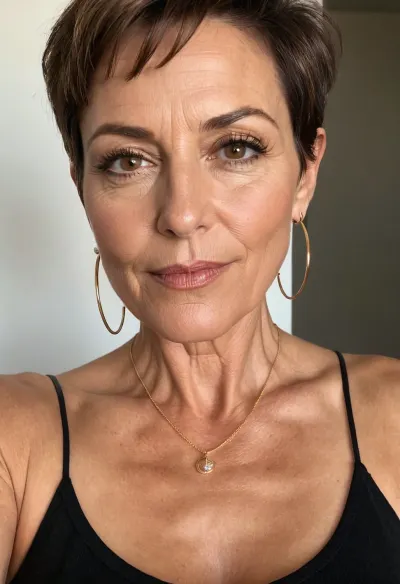 A 50-year-old woman stumbled upon a photo album on Instagram and was amazed by the sexy and glamorous woman in the photos. She couldn't believe how sexy she looked with her big boobs, thin waist, short hair, and pou
