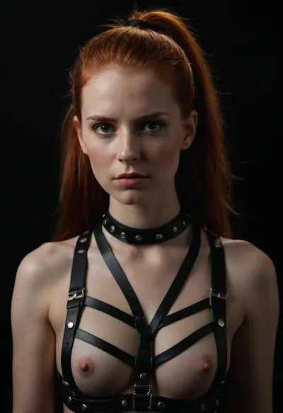 画面中的女人身穿皮带,站在黑色背景前. 她的发型紧凑的马尾 跌到肩膀上 给观众带来最大的刺激