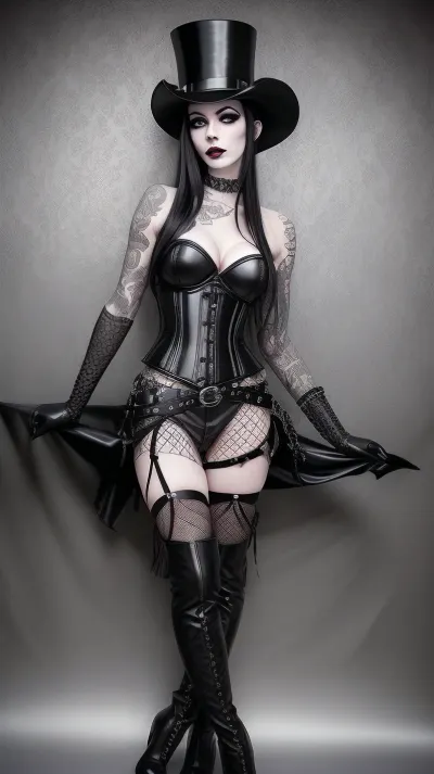 La jeune goth américaine se tenait devant l'appareil photo, son maquillage sombre et ses piercings ajoutent à son charme. Elle portait un corset en cuir serré avec boucle de ceinture cintrée, bas en filet de poisson et bottes à talons hauts