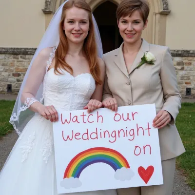 The couple decided to share their love story with the world and had a photo shoot on their wedding day. They posed for pictures wearing classic wedding dresses, but one of them wore a pantsuit and the other wore a red heart-shaped dress. They