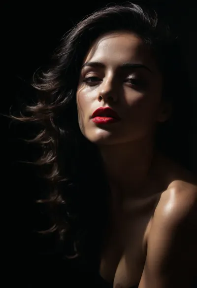 An intimate portrait of a young woman with long voluminous inky black hair falling over her shoulders in cascading waves. She is standing in front of a black background. Her sun bronzed skin makes her pale breasts stand out with sharp tanlines. Her heavy makeup is smokey and sultry while her bright red lipstick provides a shock of color. Minimalist moody chiaroscuro lighting and a Dutch angle creating a dramatic effect. She tilts her head back sighing out a puff of smoke. The overall mood of the image is sensual and alluring, with undertones of anticipation and desire., (black background, chiaroscuro lighting, Dutch angle:1.4), , ZipRealism, <lora:dark:1.4>