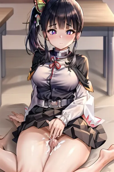 kanaotsuyuri, kanao tsuyuri, black hair, butterfly, butterfly hair ornament, (purple eyes:1.1), side ponytail, ponytail, BREAK black skirt, cape, demon slayer uniform, long sleeves, pleated skirt, skirt, white cape, BREAK looking at viewer, BREAK indoors, classroom, BREAK, (masterpiece:1.2), best quality, high resolution, unity 8k wallpaper, (illustration:.8), (beautiful detailed eyes:1.6), extremely detailed face, perfect lighting, extremely detailed CG, (perfect hands, perfect anatomy), (semen cover body:1.2), (naked breast, focus on breast:1.2), excessive, steaming, body, bukkake, cum, breastsout, (thigh sex:1.4), penis, <lora:kanaotsuyuritest:1>, <lora:bukkake-norm-1-000008:.3>, <lora:bukkake_1:.3>, <lora:breastsout24_rvkwi:.3>, <lora:thighjob_v2_b:.7>