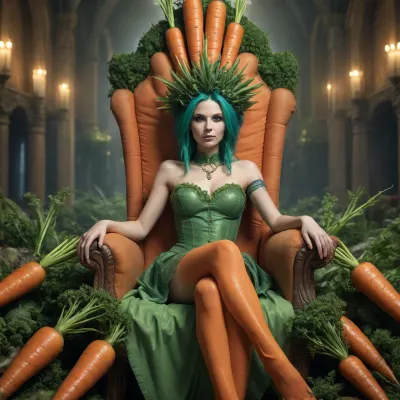 carrot woman symbiosis, hybrid, the queen sits on a carrot throne in a carrot palace, fantasy, surrealism, green hair, hyperdetalization, hdr, oblique angle, <lora:281928_training_data:.5>