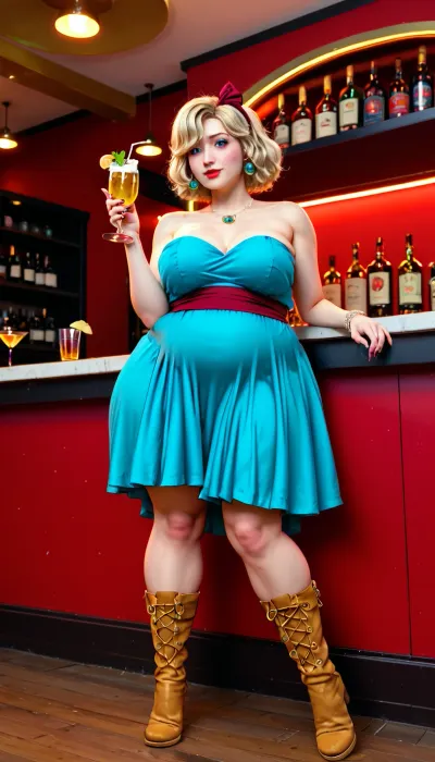 Masterpiece, high quality, highly detailed, hdr, 4k, Very low angle view, full body view. a fat hairy Blondy woman An unconventional setting in a private karaoke club, a topless fifty-year-old obese woman, drunk and brazen, sings at the bar, Felt boots, from front view, A bright dress on a naked body, drink and karaoke, Disney art