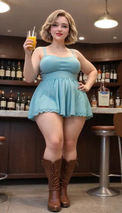 Masterpiece, high quality, highly detailed, hdr, 4k, Very low angle view, full body view. a fat hairy Blondy woman An unconventional setting in a private karaoke club, a half-naked fifty-year-old obese woman, drunk and brazen, sings at the bar, Felt boots, from front view, A bright dress on a naked body, drink and karaoke, Disney art