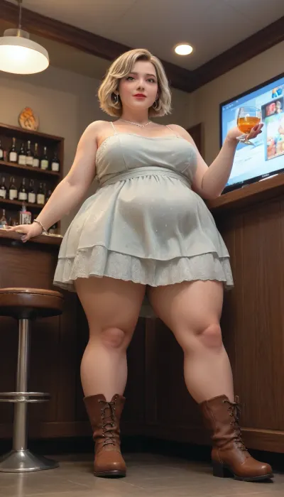 Masterpiece, high quality, highly detailed, hdr, 4k, Very low angle view, full body view. a fat hairy Blondy woman An unconventional setting in a private karaoke club, a half-naked fifty-year-old obese woman, drunk and brazen, sings at the bar, Felt boots, from front view, A bright dress on a naked body, drink and karaoke, Disney art