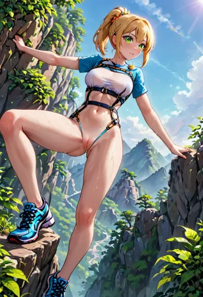 ((a Gorgeous 25 year old white woman)), freeclimber, (natural b cup breasts:1.1), beautiful face, (blond hair:1.1), slim, athletic, gymnast body, ponytail, sweat on skin, fully dressed, tight white t-shirt, (climbing harness:1.2), no pants, (no underwear:1.2), bottom naked, climbing shoes, (full body view), (climbing mountain cliff:1.3), feet wide apart, far above ground, legs spread wide, outdoors, very sunny, (from below:1.3)