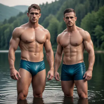 Two muscular wet teammates standing together in the lake, in trunks, looking lustfully at camera