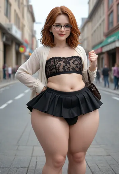 (solo:1.5), . a chubby futanari women, russian beauty, long ginger hair, (flat chest:1.3), puffy nipples, hyper hips, wide hips, massive thighs, (gigantic thighs:1.2), freckles on face, lovely smile. Glasses. Scoolbag. skirt. thong with small penis bulge, (small penis bulge:1.2), mesh top., 4ng3l, face, freckles, <lora:SDXLHighDetail_v5:.5>, <lora:SDXL_BetterFaces-LoRA_v1:.7>, <lora:SdXL_better freckles_epoch_16:.6>, long, hair, very, <lora:Long hair epc 6:.5>