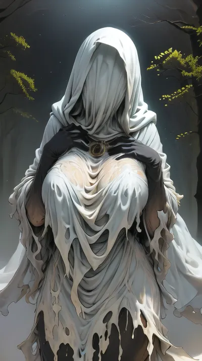 (Bukkake, thigh sex:1.4), masterpiece, best quality, ultra high res, beautiful, visually stunning, elegant, incredible details, award-winning art, g0s1, ghost, hood, torn cloak, faceless, nature, forest, night, fog, night sky, 1girl, solo, breasts, no humans, thigh, sex, penis, chibi, <lora:g0s1 - Ghost:.8>, <lora:thighjob_v2_b:.3>, <lora:PPGStyle-20:.2>