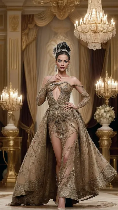 Create an image of a high-fashion runway show set in a grand, opulent ballroom with ornate chandeliers and luxurious decor. The scene captures a model exuding poise and elegance, striding confidently down the runway. She is dressed in a stunning, avant-garde gown that blends bold and beautiful elements with a touch of cultural chic. The gown features intricate patterns and rich textures, embodying a fusion of modern fashion-forward style and timeless natural elegance. The lighting casts a warm glow, highlighting the model's grace in motion and the luxurious details of her attire. The audience, dressed in sophisticated attire, watches in awe, adding to the royal vibes of the event. The overall mood is one of glamour and sophistication, celebrating beauty and style in a culturally rich and elegant setting.