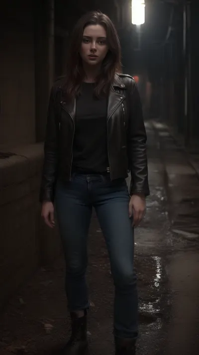 a photo of a beautiful S040_HannahGrape, in a, (sewer), (dark:1.2), wearing a dirty, (leather-jacket:1.1), and dirty, (jeans:1.1), (8k, RAW photo, best quality, ultra high res, photorealistic, masterpiece, ultra-detailed, Unreal Engine), <lora:S040_HannahGrape:.5>