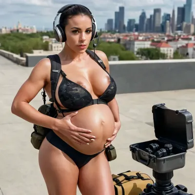 black woman, pregnant, In uniform, military, camo, brunette slicked hair, very airy pussy, pixie straight haircut, headphones, rucksack, gun, urban scenery in background, large cleavage, natural breast, no battledress, realistic face, no pants, bottomless, untrimmed curly hairy pussy, 8k picture, photorealistic, naked, ray ban sunglasses, tanlines, view from front, bending over, very hairy pube, helmet, holster, (big baby bump:1.5), bukkake, cum, <lora:MS_Real_XL_Bukkake:.5>, facialized, superfacialized, <lora:facialized:.5>