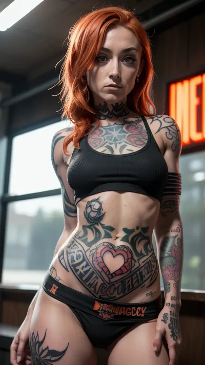 20yo, (irish:1.8), (Becky Lynch:1.8), (MyModelClodagh:1.8), (ZH_BeckyLynch:1.8), (Irish_Saoirse:1.8), nude, naked, (TattooWorld:1.8), (irezumi:1.8), (glowing tattoo no_humans:1.8), (YakuzaTattoo:1.8), (heavily tattooed, entire body tattoo:1.8), (all, triggers, from, MBH-TT), glowing_heart, freckles, Freckles, Fr3ckles, (small tattoed brests), (big areolas, pokies), (perfect brests), (tattooed shaved pussy), (thick round tattoed ass), (perfect ass), (2tn, eyes, green_color, orange-color), (edgpskirt, braless, wearing punk panties, (punk Irish skirt), , , (punk ribbed cropped top), , , off one shoulder:1), detailed, extreme closeup, portrait, from the front, focus on eyes, <lora:badbroirezumi3:1>, <lora:Guimi:1>, <lora:YakuzaTattoo_Concept-20:1>, <lora:GTSuccubus_v12:.6>, <lora:GTSuccubusPP_v13:.6>, <lora:MBHU-TT2FRS:1>, <lora:tattoogirl-000006:1>, <lora:TattooWorld:1>, <lora:Irish_Lifelike:1>, <lora:Irish_Alike:1>, <lora:457927_training_data:1>, <lora:ZH_BeckyLynch_v1:1>, <lora:390980_training_data:1>, <lora:MyModelClodagh:1>, <lora:edgPunkSkirt:1>