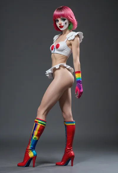 Canon_50mm_1, 2f, Full body, (IT clown), (clown costume), (overall clown costume), (tight clown costume), (gloves), (Colored gloves), (clown makeup), (detailed makeup), (detailed clown makeup), (high heals), (Colored high heals boots), (intense colors), (saturated colors), >-Short hair, (Short Textured Haircut), (2 color hair), (oval shape head), (round head), (high cheekbones), (beautiful face), (strong jawline), (Green eyes), (almond-shaped eyes), (long lashes), (tin eyebrows), ((full lips), (170cm high), ((slim, fit, physique), (edgy style), (Colored nails), (pretty nails), (cute nails.), (small breasts), (perky breasts), (flat stomach), (small ass), (round ass), (firm ass), (toned legs), (lean legs), (feminine legs), (well-defined feet)))