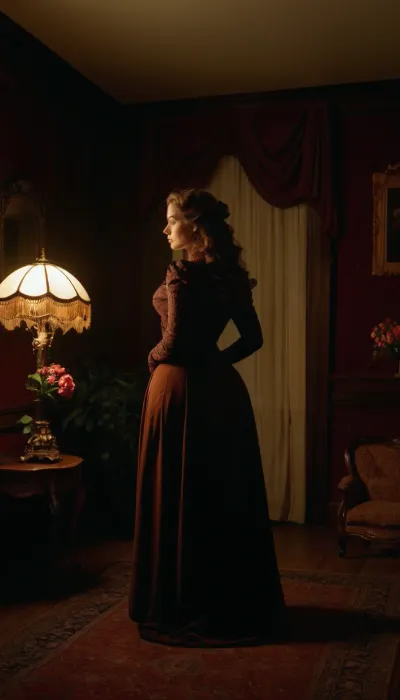 Victorian room with furniture, plants and flower arrangements in room, large room, Victorian housewife, long hair, victorian hairstyle, Victorian clothes, Victorian furniture, dark atmosphere, chiaroscuro lighting, sensual look, emotional depth, nostalgia, Deja vu, sophistication, back to camera, full body shot, facing away from camera, wide stance, thigh gap, (wide hips:1.4), <lora:dark:1.5>