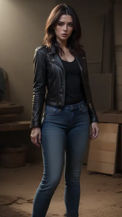 a photo of a beautiful S040_HannahGrape, (dark:1.2), wearing a dirty, (leather-jacket:1.1), and dirty, (jeans:1.1), (8k, RAW photo, best quality, ultra high res, photorealistic, masterpiece, ultra-detailed, Unreal Engine), <lora:S040_HannahGrape:.5>