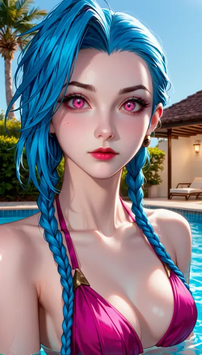 jinx, (league of legends), pink eyes, blue hair, in the swimming pool, <lora:MIAOKA_JINX_1.0_SDXL:1>