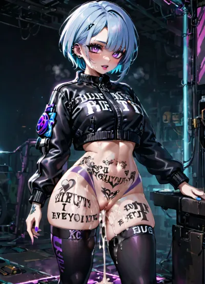 Gorgeous slut wearing cropped puffer jacket and leggings, leaking cum, QoS, tattoo, body writing, delightful, ratatatat74, <lora:ratatatat74-000050:.6>