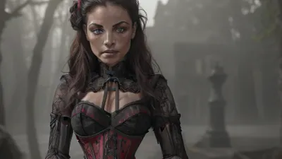 (Photo-CANON 35mm-F/1.4-ISO400), (Photography), (hi-resolution), (hyperrealistic:1.8), (HDR), (8K, (Highly detailed, 1.4), , , standing, full body:1.4), side view, (fokus on the face), ((1 vampire woman), extremely beautiful Vampire woman), (hair, (long ebony locks), (black with red undertone)), (skin-, (pale:1.6), smooth, unblemished, freckles across the nose), (face-, (chiseled, high cheekbones, lush lips, fine-boned nose, azure eyes:1.2), (body-, (little, muscular, slim), (dress-, (lacy red and black corset:1.6), black trousers, tight-high boots))), (scene, (night:1.6), moon, forest, lake, castle, fog:1.1), (mist:1.1), (lighting, (night:1.1), low light:1), blue color, (rays of light shining trough fog:1.2), strong shadows, directional light, silhouette, (highly detailed face:1.3), (realistic eyes:1.5), (Simetric eyes), (detailed eyes:1.4), (detailed nose), (detailed lips), (detailed teeth), (perfectly detailed face:1.3), light shiningon body, (lightshiningon the side of the face:1.3), (distinguish between objects)