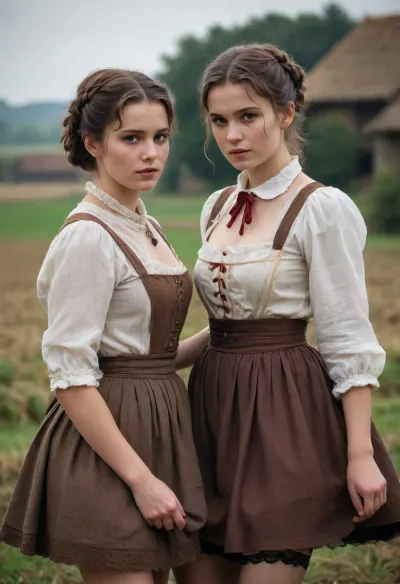 wetshirts, two young peasant women wearing traditional dresses, stockings, show bobs, brown hair, updo, close-up, skirt up, show pusy, <lora:wetshirt15_v2.0:.5>