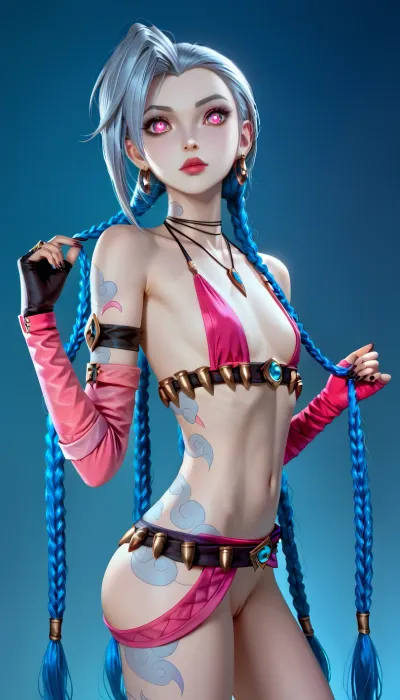 (league of legends), pink eyes, Very long hair ponytail, (Short Textured Haircut), (blue Rose Hairstyle), (oval shape head), (round head), (feminine belly), (high cheekbones), (beautiful face), (strong jawline), (Beautiful glowing red eyes), (almond-shaped eyes), (long lashes), (tin eyebrows), ((full lips), (170cm high), ((slim body)), (dark nails), (silver necklaces and earrings), (tattoos), (tattoos 10% body), (small breasts), (perky breasts), (small ass), (round ass), (firm ass), (toned legs), (lean legs), (feminine legs), (well-defined feet)), (league, of, legends\), visible pussy no panties, low, twintails, blue, hair, pink, eyes, masterpiece, realistic, jinx, 1girl, solo, twin, braids, single, elbow, glove, no bikini, top, only, necklace, belt, fingerless, gloves, <lora:MIAOKA_JINX_1.0_SDXL:2>, <lora:add-detail-xl:2>, <lora:Colorful Hair Slider_alpha1.0_rank4_noxattn_last:2>, <lora:loraeyesxl:2>, <lora:DetailedEyes_V3:2>, <lora:Jinx_-_the_Loose_Cannon:1>, <lora:Jinx_LOL_AnimeRealistic_SDXL_V1.0:1>, <lora:jinx:1>