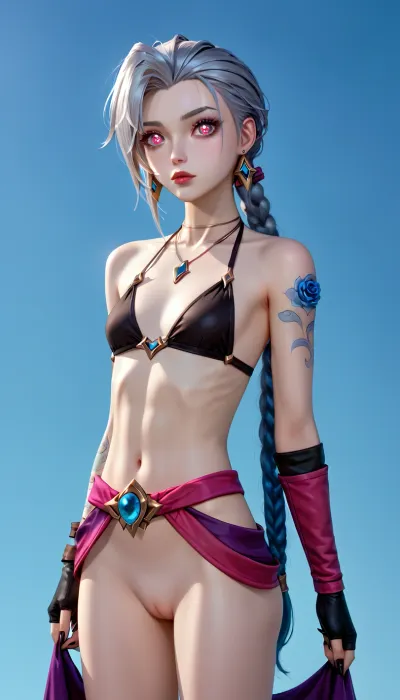 (league of legends), pink eyes, Very long hair ponytail, (Short Textured Haircut), (blue Rose Hairstyle), (oval shape head), (round head), (feminine belly), (high cheekbones), (beautiful face), (strong jawline), (Beautiful glowing red eyes), (almond-shaped eyes), (long lashes), (tin eyebrows), ((full lips), (170cm high), ((slim body)), (dark nails), (silver necklaces and earrings), (tattoos), (tattoos 10% body), (small breasts), (perky breasts), (small ass), (round ass), (firm ass), (toned legs), (lean legs), (feminine legs), (well-defined feet)), (league, of, legends\), 1girl, solo, twin, braids, single, elbow, glove, short, no panties, bikini, top, only, necklace, belt, fingerless, gloves, <lora:MIAOKA_JINX_1.0_SDXL:1>, <lora:add-detail-xl:2>, <lora:Colorful Hair Slider_alpha1.0_rank4_noxattn_last:2>, <lora:loraeyesxl:2>, <lora:DetailedEyes_V3:2>, <lora:jinx:1>