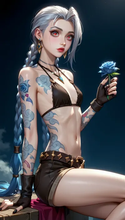 Very long hair ponytail, (Short Textured Haircut), (blue Rose Hairstyle), (oval shape head), (round head), (feminine belly), (high cheekbones), (beautiful face), (strong jawline), (Beautiful glowing red eyes), (almond-shaped eyes), (long lashes), (tin eyebrows), ((full lips), (170cm high), ((slim body)), (dark nails), (silver necklaces and earrings), (tattoos), (tattoos 10% body), (small breasts), (perky breasts), (small ass), (round ass), (firm ass), (toned legs), (lean legs), (feminine legs), (well-defined feet)), (league, of, legends), (league, of, legends\), jinx, 1girl, solo, twin, braids, single, elbow, glove, short, shorts, bikini, top, only, necklace, belt, fingerless, gloves, <lora:add-detail-xl:2>, <lora:Colorful Hair Slider_alpha1.0_rank4_noxattn_last:2>, <lora:loraeyesxl:2>, <lora:DetailedEyes_V3:2>, <lora:jinx:1>