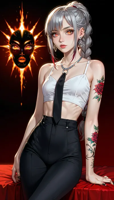 Very long hair ponytail, (Short Textured Haircut), (ruby Rose Hairstyle), (oval shape head), (round head), (feminine belly), (high cheekbones), (beautiful face), (strong jawline), (Beautiful glowing red eyes), (almond-shaped eyes), (long lashes), (tin eyebrows), ((full lips), (170cm high), ((slim body)), (dark nails), (silver necklaces and earrings), (tattoos), (tattoos 10% body), (small breasts), (perky breasts), (small ass), (round ass), (firm ass), (toned legs), (lean legs), (feminine legs), (well-defined feet)), (chainsaw_man\), makimacm44, ringed, yellow, eyes, red, long, hair, bangs, white, shirt, sidelocks, black, pants, braided, ponytail, necktie, <lora:add-detail-xl:2>, <lora:Colorful Hair Slider_alpha1.0_rank4_noxattn_last:2>, <lora:loraeyesxl:2>, <lora:DetailedEyes_V3:2>, <lora:makimacm44:1>