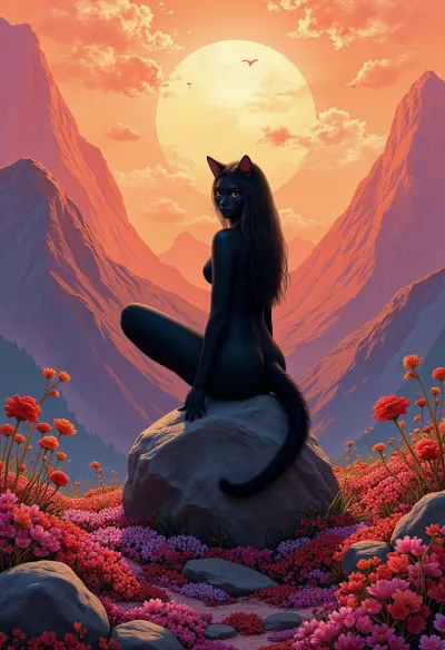 Vector art, detailed mountain, NeoPigma, in the style of cksc, DB4RZ, A black cat girl with an air of melancholic reverie, ensconced amidst a phantasmagoric bloom of chromatic hues. Rendered in a style redolent of Impressionism, the painting utilizes a vibrant, high-key palette dominated by ethereal magentas and punctuated by strokes of teal and crimson reds. Position the subject on a rock, suspended amidst a riotous profusion of flora, The camera angle should be slightly low, lending an air of gentle ascension to the composition. The background should dissolve into an abstract symphony of warm oranges, suggestive of a radiant, sun-drenched afternoon. The overall ambiance should evoke a sense of ephemeral beauty, tinged with a whisper of wistfulness. Symbolist chiaroscuro, tenebrist, volumetric lighting, subtle halation, high-contrast, film grain, teal and orange color grading, high dynamic range, S-curve gamma, <lora:Hyper-FLUX.1-dev-8steps-lora:.125>