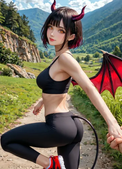 masterpiece, best quality, highly detailed, (anime:1.2), BREAK, ((a gorgeous 25 year old white succubus with, demonic wings on back, horns, tail)), (sideview, close up:1.2), she is jogging together with viewer, looking lovingly at viewer, (view from side:1.2), (pov hand holding her hand:1.2), on a dirt road by a lake at the foot of some mountains, (succubus has long black hair bob haircut), (wide open orange eyes), (tight black sports bra, running pants, running shoes:1), perfect hands, natural b cup boobs, (cameltoe), slim, athletic, sweaty, gymnast body, smiling, aroused, horny