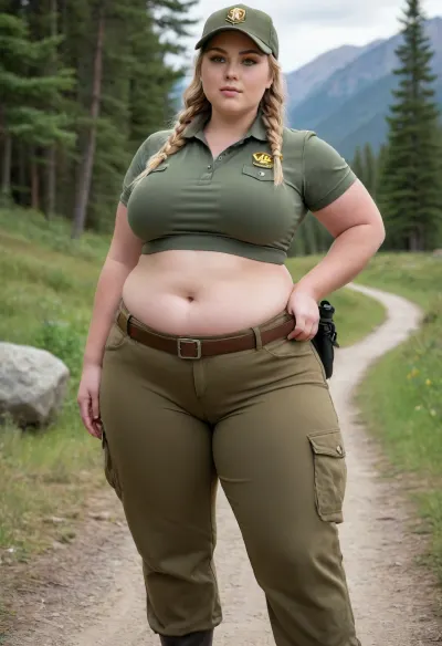 ((FAT Bbw:1.2)), plus-sized overweighted ranger Girl, 18 year old, blonde, enormous huge Full sagging bosom, ponytail, beautiful blue eyes, large round eyes, beautiful face, Perfect Detailed Face, (Olive green long hiking trousers), (long trousers, long pants), gorgeous, large round cheekbones, Ranger hat, round face, cute, plump body, ((very wide packed hips, strong fat thighs)), ((thigh gap)), ((wearing Ranger uniform:1)), ((tight  Ranger Shirt)), full body view, blocking entrance, ((wild landscape track)), perfectly detailed, highest quality, uhd, fully clothed, big, breasts, huge, gigantic, hips, thighs, wide, thick, plump, female, arms, extra, <lora:add-detail-xl:.6>, <lora:Venus_Body_Alpha:.3>