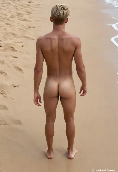 beautiful sexy slender 18-year-old boy, nudist, caribean boy, long blond hair with ponytail, bright blonde highlights and undercut, bare legs, barefoot, deep tan, deep black body, dark black skin, very slim build, hairless body, detailed perfect skin, very small breasts, narrow shoulders, very slim ass, chewing gum on the foot, boy standing at Ghana beach, photographed by tourists, cute bikini bottom slipped down to the ankles, barefeet, summer holiday, no blurry on the feet, boy showed from behind, ass view, seen from above top view, full body showing, photorealistic, <lora:realistic_male_ass:.4>