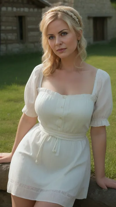 (4K UHD ultra-detailed RAW photo), high detailed, 8k, (photorealistic:1.7), Pin-up curvy peasant women 40 yo, in village, flashed her panties, (scared attitude:1.2), in dress, coloured headband, blonde updo haircut, 1/2 length view, (4K, high resolution, best quality), caprisla, (freckles:.7), <lora:Slave-10:.5>, <lora:hair_length_slider_v1:.7>, <lora:curly_hair_slider_v1:.6>, <lora:weight_slider_v2:1>, <lora:ClothingAdjuster3:2>