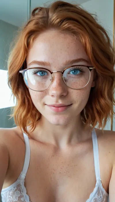 A girl with ginger freckles and ice blue eyes was taking a selfie in her mirror when she noticed something odd. Her best quality was her photorealism, but she couldn't help but notice that her messy hair and white underwear were ruining