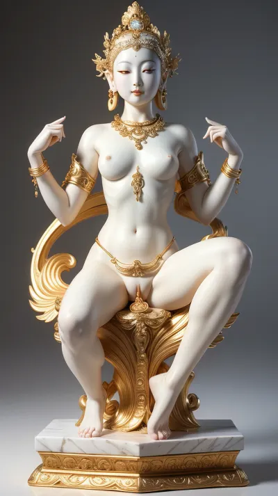 Uma deslumbrante mulher chinesa com uma estátua de Avalokitesvara bodhisattva, acessórios de ouro em seu corpo, espalhando a perna mostrando sua vagina nua, pele suave e textura suave