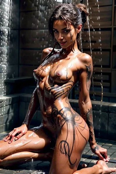 Ein fotorealistisches AI-generiertes Kunstwerk zeigt eine schöne junge Frau mit langen fließenden Haaren, vollen Brüsten und einem fitten Körper. Sie steht vor einer Kamera mit ihren Händen auf ihren Hüften und blickt auf die Kamera. Das Foto ist in