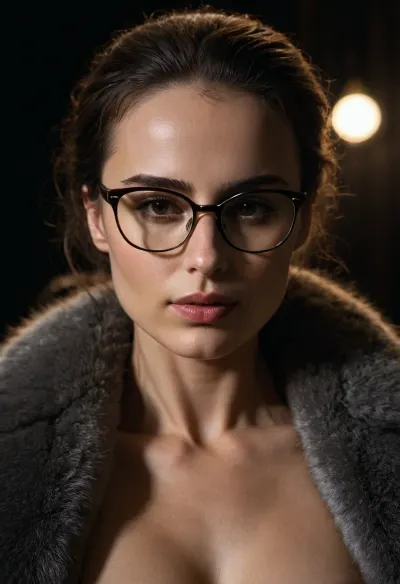 Heida Reed, nei suoi occhiali gelati e pellicce, stendere nudo sull'immagine gelida con luce morbida. Guardava le ombre che ballavano attraverso il suo nipslip e sorrideva