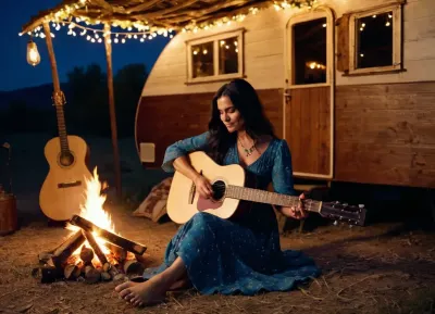 She played a beautiful melody on her guitar, while the firelight flickered and danced around her. The caravan was decorated with garlands of light bulbs, adding to the magical atmosphere