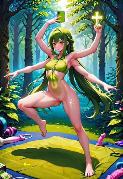 요가 강사, 그녀의 슬림 바디와 6 팔, 그녀의 휴대 전화의 앞에 포즈 연습. 그녀는 그녀의 몸에서 나오는 그녀의 뒤와 4 팔에서 나오는 두 팔을했다. 한 팔 개최 a 도, 또 다른 개최