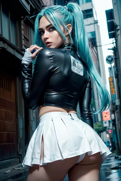 Miku Hatsune, yüksek çözünürlüklü, dinamik poz, karanlık yeşil saç ve parlak gözlerle popüler bir AI üretilen karakterdir. Parlak bir saç rengi ve mükemmel kaşları var. Göğüsleri büyük ve sağlam, vücudu yarış için mükemmel Mik