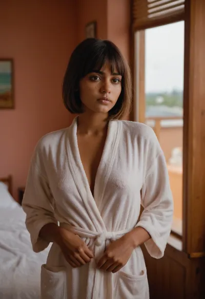 Woman, 19 Years old, indian dark skin, wide face, short straight hair, slender body, (messy hair:.3), small short nose, light brown hair, freckles, bangs, (plump lips), big brown eyes, braless, visible breast, round breast out, standing in a massage parlor, looking out the window, no eye contact, blush, embarassing, innocent face, open white dressing gown, masterpiece