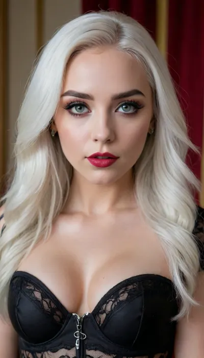 The image shows a young woman with long, straight, white hair styled with a subtle wave at the ends. She has dramatic goth makeup featuring bold, heavy winged eyeliner, dark eyeshadow, defined eyebrows, and full lashes. Her complexion is fair, and she has a neutral to serious expression.
Her outfit consists of a black lace and mesh corset-style crop top with structured cups revealing her big cleavage. The top features intricate lace patterns and subtle shiny accents, giving it a glamorous, edgy vibe. She pairs this with high-waisted black pants or a skirt, secured by a wide black belt with silver grommets and a large, rounded silver buckle. A small decorative silver chain hangs from the belt, adding an additional stylish detail.
She accessorizes with large hoop earrings and holds a smartphone in her hand with a colorful, comic-inspired phone case featuring bold designs and bright colors like red, yellow, green, and blue on a black background. The setting is a bathroom with beige and brown tiled walls.