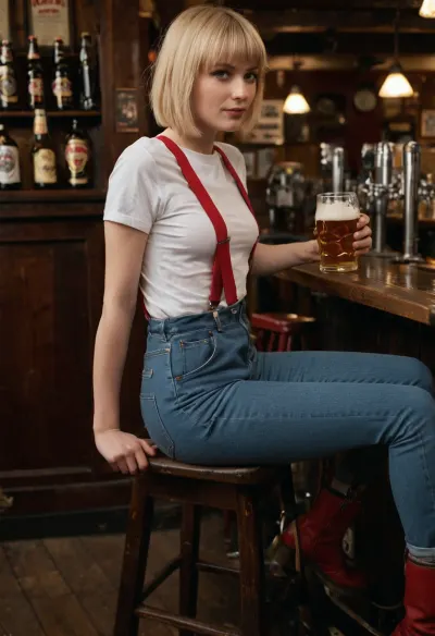 pretty british skinny30 yers old, (skin-head girl), with blond bangs, hard nipples raised white t-shirt, (mod-style backside, (shaved), girl haircut), skinny denim pants with vintage red suspenders for trousers, red doctor martens high boot, scene sitting in the pub flashing her tits, beer