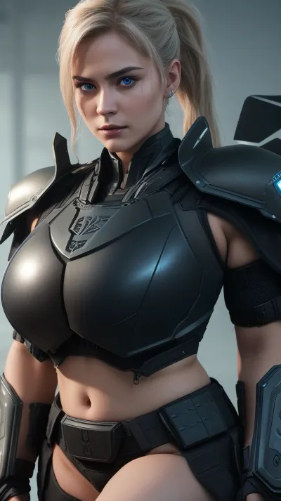 A stunning, hyper-realistic digital rendering of Sergeant Calhoun from the movie "Wreck-It Ralph." She stands confidently in the forefront, her hair swept back into a sleek ponytail, revealing sharp cheekbones and piercing blue eyes. The lighting casts dramatic shadows across her toned and curvy body, highlighting her form-fitting digital military uniform that hugs her in all the right places. The vibrant neon colors of the game world she hails from, Hero's Duty, reflect off her armor, adding a futuristic and seductive glow. Above her, the game's logo pulses with energy, creating a stark contrast with the dark, metallic background. Her weapon of choice, a high-powered rifle, is slung over her shoulder with ease, emphasizing her combat prowess. The sergeant's hand rests on her hip, drawing attention to her assertive stance and enhancing her allure. In the bottom right corner, a small, playful glitch in the image gives a nod to her video game origins. Despite the sexiness of the pose, her gaze is focused and determined, exuding a commanding presence that leaves no doubt she's ready for action. The overall composition suggests a powerful yet sensual heroine, ready to conquer any virtual or real-world challenge that comes her way., casual photo, natural beauty, soft focus, depth of field, 8k photo, HDR, professional lighting, taken with Canon EOS R5, 75mm lens, (massive huge breasts:1.8), (sexy body armor:1.8)